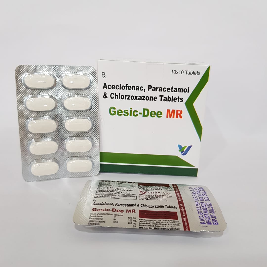 Product Name: GESIC DEE MR, Compositions of GESIC DEE MR are Aceclofenac , Paracetamol & Chlorzoxazone Tablets - Vindcare Lifesciences