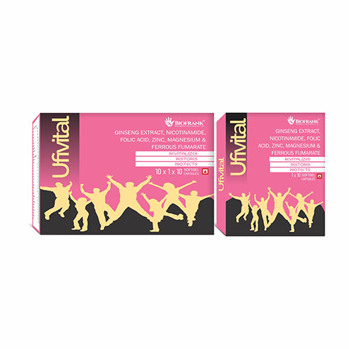 Product Name: Ufivital, Compositions of Ufivital are Ginseg Extract,Nicotinamide,Folic Acid Zinc Magnesium & Ferrous Fumarate - Biofrank Pharmaceuticals India Private Limited