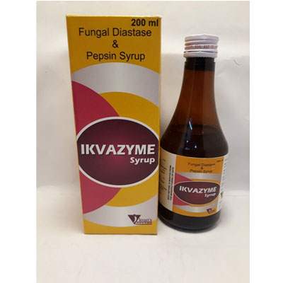 Product Name: Ikvazyme Syrup, Compositions of Ikvazyme Syrup are Fungal Diastase And Pepsin Syrup - Ikvans Pharma