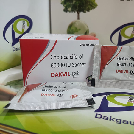 Product Name: Dakvil D3, Compositions of are Cholecalciferol 60,000 IU Sachet - Dakgaur Healthcare