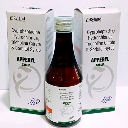 Product Name: Apperyl Syrup, Compositions of Apperyl Syrup are Cyproheptadine Hydrochloride, Tricholine Citrate & Sorbitol Syrup - Ryland Health Care