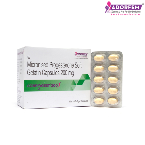 Product Name: CORPOGEST 200, Compositions of Micronised Progesterone Soft Gelatin Capsules 200 mg are Micronised Progesterone Soft Gelatin Capsules 200 mg - Cheminnova Life Sciences