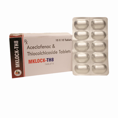 Product Name: MKLOCK TH8, Compositions of Aceclofenac & Thiocolchicoside Tablets are Aceclofenac & Thiocolchicoside Tablets - MK Healthcare