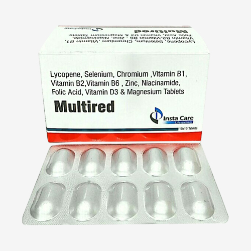 Product Name: MULTIRED, Compositions of MULTIRED are Lycopene, Selenium, Chromium, Vitamin B1, Vitamin B2, Vitamin B6, Zinc, Niacinamide, Folic Acid, Vitamin D3 & Magnesium Tablets - Insta Care Lifesciences