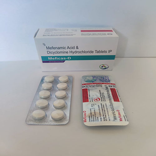 Product Name: Meficas D, Compositions of Mefenamic Acid & Dicyclomine Hydrochloride Tablets IP are Mefenamic Acid & Dicyclomine Hydrochloride Tablets IP - Medicasa Pharmaceuticals