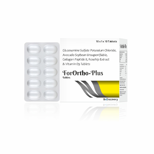 Product Name: ForOrtho Plus, Compositions of ForOrtho Plus are Glucosamine Sulfate Potassium Chloride, Avocado Soybean Unsaponifiable, Collagen Peptide II, Rosehip Extract & Vitamin D3 Tablets - Biodiscovery Lifesciences Private Limited