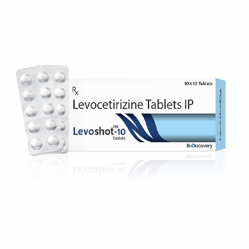 Product Name: Levoshot 10, Compositions of Levoshot 10 are Levocetirizine Tablets IP - Biodiscovery Lifesciences Private Limited