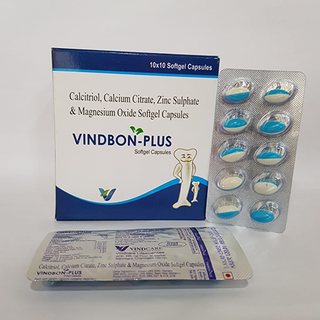 Product Name: VINDBON PLUS, Compositions of VINDBON PLUS are Calcitriol, Calcium Citrate, Zinc Sulphate & Magnesium Oxide Softgel Capsules - Vindcare Lifesciences