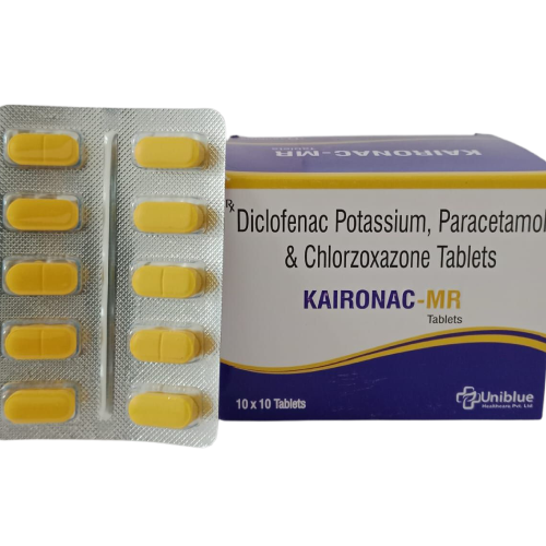 Product Name: KAIRONAC MR, Compositions of KAIRONAC MR are Diclofenac Potassium, Paracetamol & Chlorzoxazone Tablets - Uniblue Healthcare Private Limited