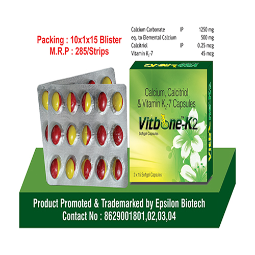 Product Name: Vitbone K2, Compositions of Vitbone K2 are Calcium Calcitriol & Vitmin K2-7 Capsules - Epsilon Biotech