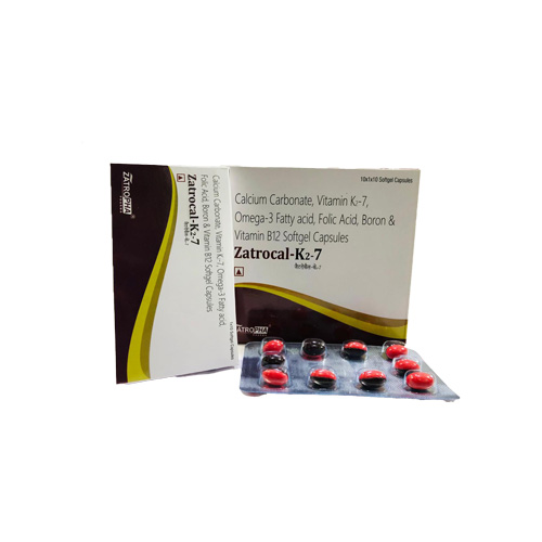 Product Name: Zatrocal K2 7, Compositions of Zatrocal K2 7 are Calcium Carbonate, Vitamin K-7, Omega-3 Fatty acid, Folic Acid, Boron & Vitamin B12 Softgel Capsules - Zatropha Pharma