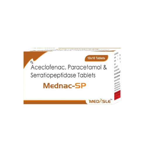 Product Name: MEDNAC SP, Compositions of MEDNAC SP are Aceclofenac, Paracetamol & Serratiopeptidase Tablets - Medisle Pharma