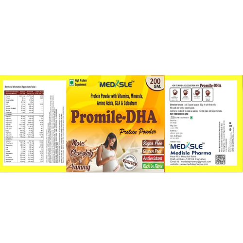 Product Name: PROMILE DHA, Compositions of PROMILE DHA are Protein Powder With Vitamins, Minerals, Amino Acids, Gla & Colostrum - Medisle Pharma