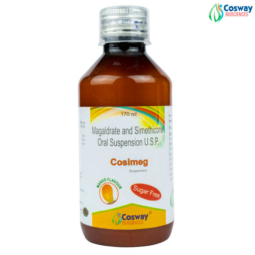 Product Name: COSIMEG, Compositions of COSIMEG are Magaldrate Anhydrous I.P. 480 mg + Simethicone I.P. 200 mg - Cosway Biosciences