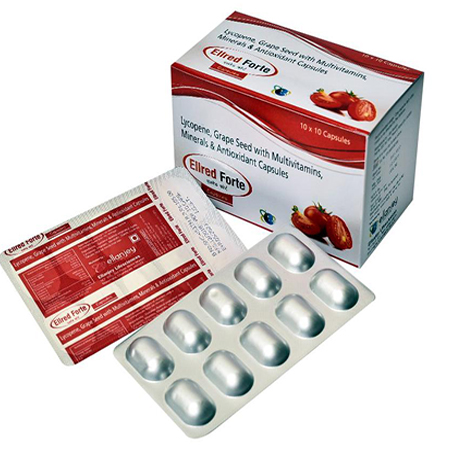 Product Name: Ellred Forte, Compositions of Ellred Forte are Lycopene Grape Seed with Multivitamins, Multiminerals, & Antioxidant Capsules - Ellanjey Lifesciences