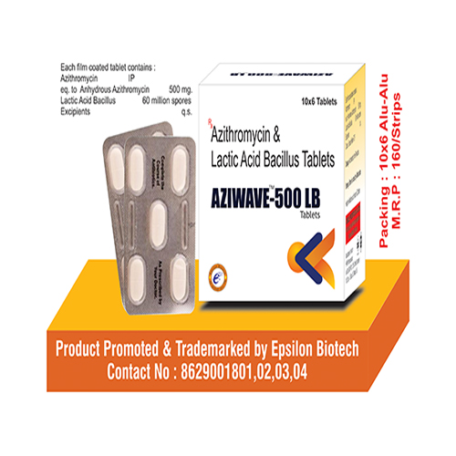 Product Name: Aziwave 500 LB, Compositions of Aziwave 500 LB are Aithromycin & Lactic Acid Bacillus Tablets - Epsilon Biotech