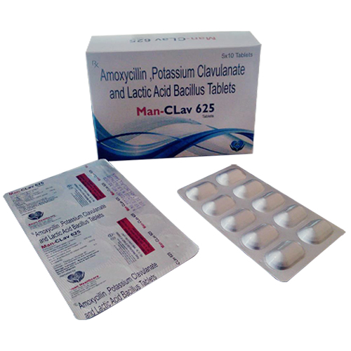 Product Name: Man Clav 625, Compositions of Man Clav 625 are Amoxycillin, Potassium Clavulanate & Lactic Bacillus Tablets - Aman Healthcare