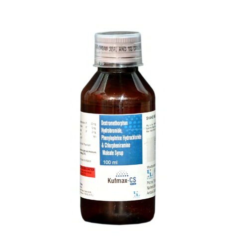 Product Name: Kufmax CS, Compositions of Kufmax CS are Dextromethorphan Hydrobromide, Phenylephrine Hydrochloride & Chlorpheniramine Maleale Syrup - Hikona Lifesciences