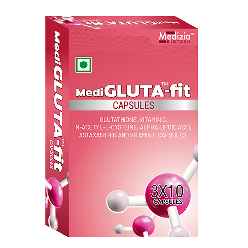 Product Name: Medi GULTA Fit, Compositions of Medi GULTA Fit are GLUTATHIONE,VITAMIN C, N-ACETYL-L-CYSTEINE,ALPHA LIPOIC ACID ASTAXANTHIN AND VITAMIN E CAPSULES. - Medizia Biotech