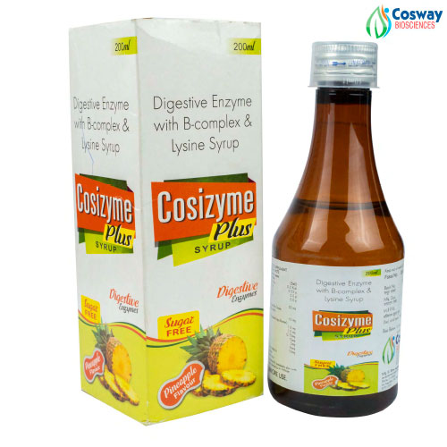 Product Name: COSIZYME PLUS, Compositions of COSIZYME PLUS are DIGESTIVEB ENGYME WITH B COMPLEX AND L-LYSINE SYRUP - Cosway Biosciences