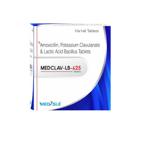 Product Name: MEDCLAV LB 625, Compositions of MEDCLAV LB 625 are Amoxicillin, Potassium Clavulante & Lactic Acid Bacillus Tablets - Medisle Pharma