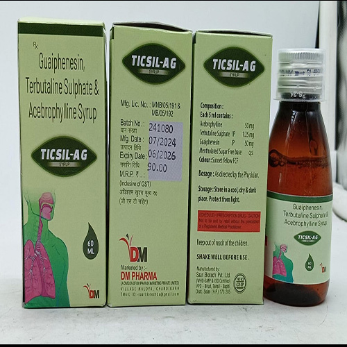 Product Name: TICSIL AG , Compositions of Guaiphenesin, Terbutaline Sulphate & Acebrophylline Syrup  are Guaiphenesin, Terbutaline Sulphate & Acebrophylline Syrup  - DM Pharma