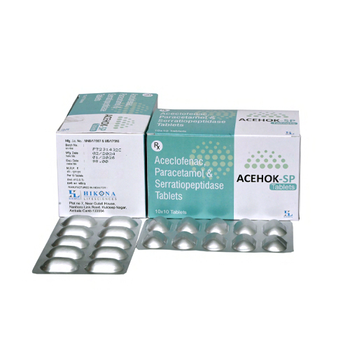 Product Name: ACEHOK SP, Compositions of ACEHOK SP are Aceclofenac, Paracetamol & Serratiopeptidase Tablets - Hikona Lifesciences