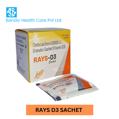 Product Name: RAYS D3 , Compositions of RAYS D3  are Cholecalciferol 6oooo I.U. Granules Sachet (Vitamin D3) - Bendic Healthcare Private Limited