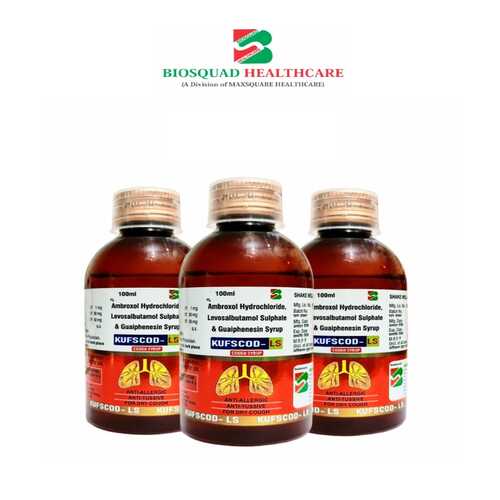 Product Name: KUFSCOD LS, Compositions of KUFSCOD LS are Ambroxol Hydrochloride, Levosalbutamol Sulphate & Guaiphenesin Syrup  - Biosquad Healthcare