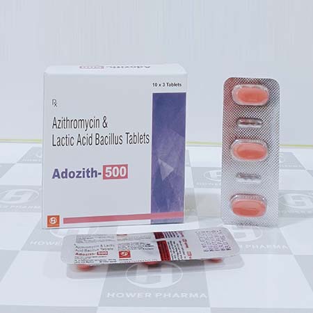 Product Name: Adozith 500, Compositions of Azithromycin & Lactic Acid Bacillus Tablets are Azithromycin & Lactic Acid Bacillus Tablets - Hower Pharma Private Limited