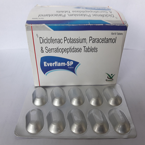 Product Name: Everflam SP , Compositions of Everflam SP  are Diclofenac Potassium, Paracetamol & Serratiopeptidase Tablets  - Everwell Pharma Private Limited