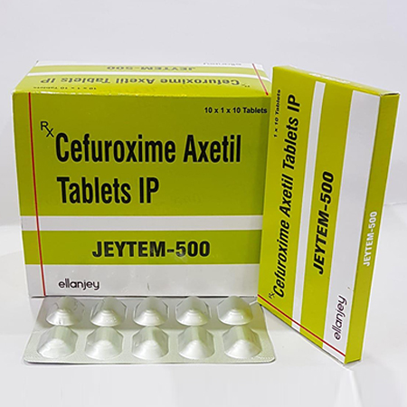 Product Name: Jeytem 500, Compositions of Jeytem 500 are Cefuroxie Axetil Tablets IP - Ellanjey Lifesciences