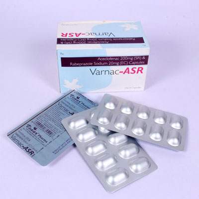 Product Name: VARNAC ASR, Compositions of VARNAC ASR are Aceclofenac 200 mg & rabiprazole 300 mg Capsules - Bluewaterresearch