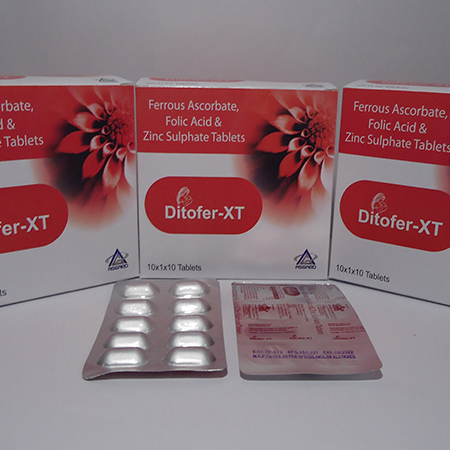 Product Name: Ditofer XT, Compositions of Ferrous Ascorbate,Folic Acid & Zinc Sulphate Tablets are Ferrous Ascorbate,Folic Acid & Zinc Sulphate Tablets - Asgard Labs Private Limited