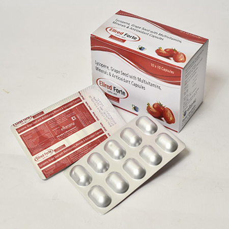 Product Name: Ellred Forte, Compositions of Ellred Forte are Lycopene, Grape Seed with Multivitamins, Minerals & Antioxidant Capsules - Ellanjey Lifesciences