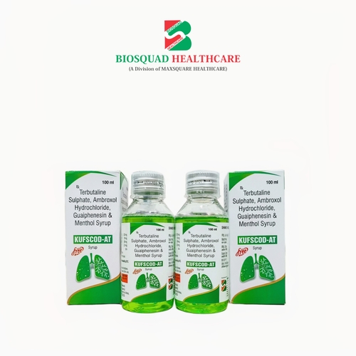 Product Name: KUFSCOD AT, Compositions of Terbutaline SULPHATE aMBROXOL HYDROCHLORIDE Guaiphenesin & Menthol Syrup are Terbutaline SULPHATE aMBROXOL HYDROCHLORIDE Guaiphenesin & Menthol Syrup - Biosquad Healthcare