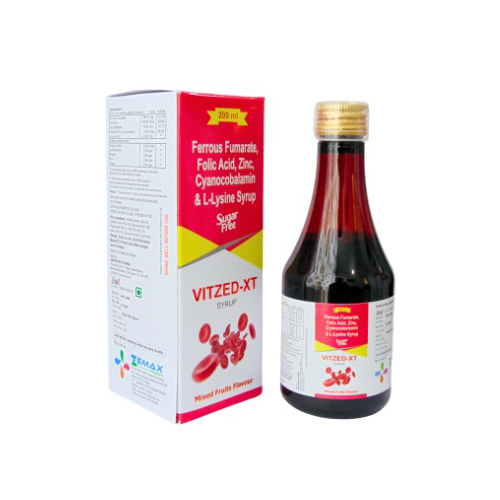 Product Name: VITZED XT, Compositions of VITZED XT are Ferrous Fumarate, Folic Acid, Zinc, Cyanocobalamin & L-Lysine Syrup Sugar Free - Zemax Pharma