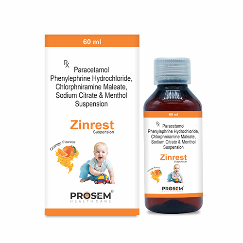 Product Name: Zinrest, Compositions of Zinrest are Paracetamol Phenylephrine Hydrochloride Cholphniramine Maleate, Sodium Citrate & menthol Suspension - Prosem Healthcare