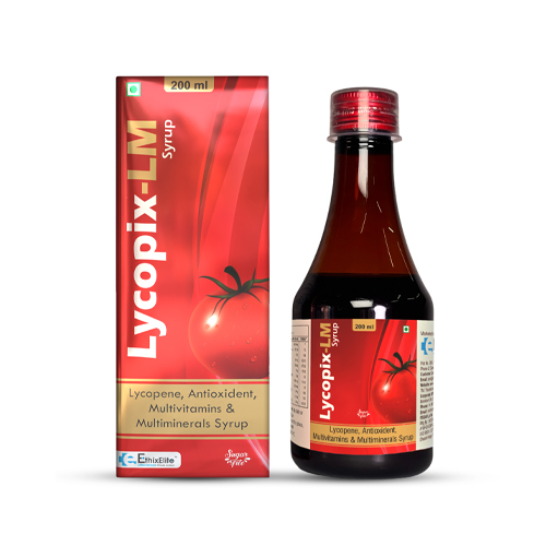 Product Name: LYCOPIX LM, Compositions of LYCOPIX LM are Lycopene, Antioxident, Multivitamins & Multiminerals Syrup - EthixElite Lifesciences Private Limited