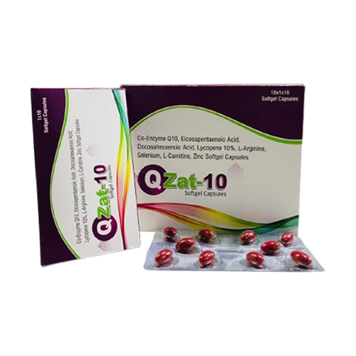 Product Name: QZat 10, Compositions of QZat 10 are Co-Enzyme Q10, Eicosapentaenoic Acid, Docosahexaenoic Acid, Lycopene 10%, L-Arginine, Stlenium, L-Camitine, Zinc Softgel Capsules - Zatropha Pharma