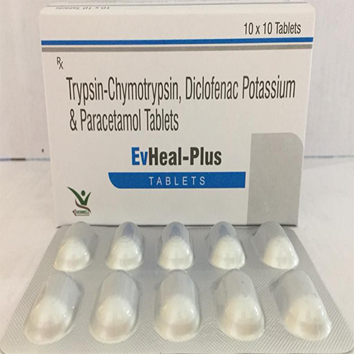 Product Name: EvHeal Plus , Compositions of EvHeal Plus  are Trypsin-Chymotrypsin, Diclofenac Potassium & Paracetamol Tablets  - Orange Biotech Private Limited