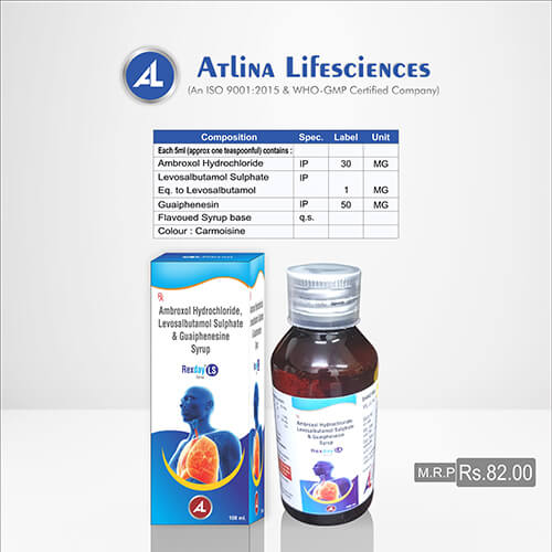 Product Name: Rexday LS, Compositions of Rexday LS are Ambroxal Hydrochloride,Levosulbutamol Sulphate & Guaiphenesin Syrup - Atlina LifeSciences Private Limited