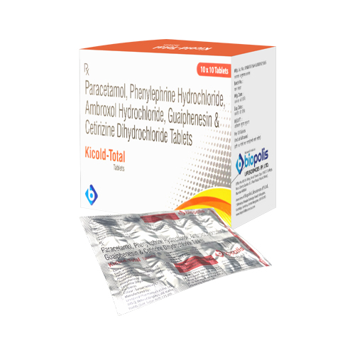 Product Name: KICOLD TOTAL, Compositions of KICOLD TOTAL are Paracetamol, Phenylephrine Hydrochloride, Ambroxol Hydrochloride, Guaiphenesin & Cetirizine Dihydrochloride Tablets - Biopolis Lifesciences Private Limited