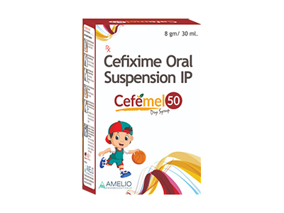 Product Name: Cefemel 50, Compositions of Cefemel 50 are Cefixime Oral Suspension IP - Amelio Pharmaceuticals