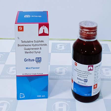 Product Name: Gritus Br, Compositions of Terbutaline sulphate Dromhexine Hydrochloride Guaiphenesin & Menthol Syrup are Terbutaline sulphate Dromhexine Hydrochloride Guaiphenesin & Menthol Syrup - Hower Pharma Private Limited