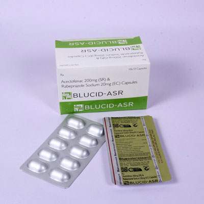 Product Name: BLUCID ASR, Compositions of BLUCID ASR are Aceclofence 200 mg & Rabeprazole Sodium 20 mg capsules - Bluewaterresearch