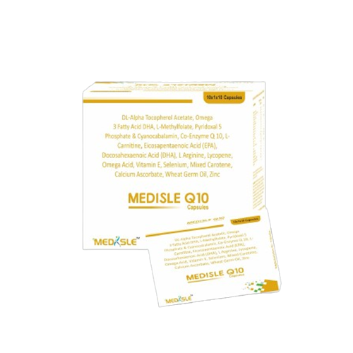 Product Name: MEDISLE 10, Compositions of MEDISLE 10 are DL-Alpha Tocopherol Acetate, Omega 3 Fatty Acid DHA, L-Methylfolate, Pyridoxal 5 Phosphate & Cyanocabalamin, Co-Enzyme Q10, L- Carnitine, Eicosapentaenoic Acid (EPA), Docosahexaenoic Acid (DHA), L Arginine, Lycopene, Omega Ac - Medisle Pharma