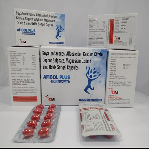 Product Name: AFIDOL PLUS , Compositions of Soya Isoflavones, Alfacalcidol, Calcium Citrate, Copper Sulphate, Magnesium Oxide & Zinc Oxide Softgel Capsules  are Soya Isoflavones, Alfacalcidol, Calcium Citrate, Copper Sulphate, Magnesium Oxide & Zinc Oxide Softgel Capsules  - DM Pharma