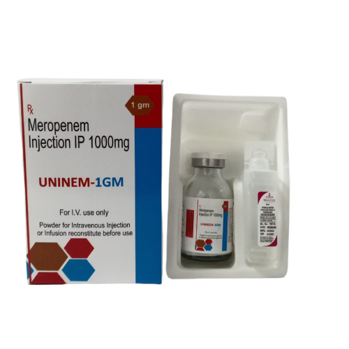 Product Name: UNINEM 1GM, Compositions of UNINEM 1GM are Meropenem Injection IP 1000mg - Uniblue Healthcare Private Limited