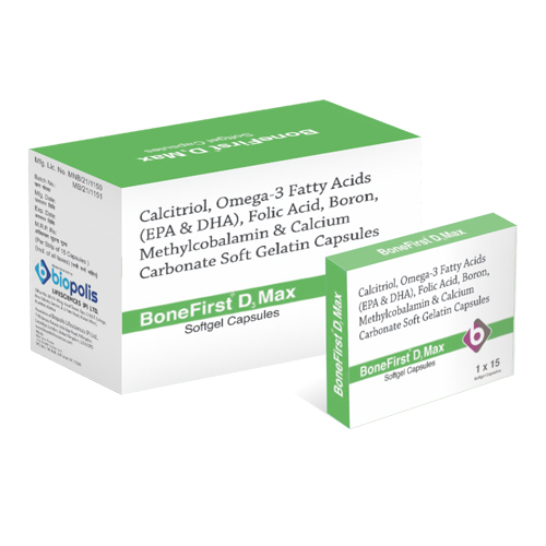 Product Name: BONEFIRST D,MAX, Compositions of BONEFIRST D,MAX are Calcitriol, Omega-3 Fatty Acids (EPA & DHA), Folic Acid, Boron, Methycobalamin & Calcium Carbonate Soft Gelatin Capsules - Biopolis Lifesciences Private Limited